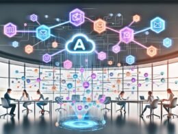 Dynamisches Marketing-Team in einem modernen Büro mit holografischem Bildschirm, diversen AI Prompt Tools und digitalen Whiteboards