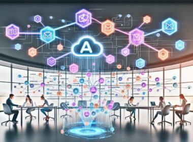 Dynamisches Marketing-Team in einem modernen Büro mit holografischem Bildschirm, diversen AI Prompt Tools und digitalen Whiteboards