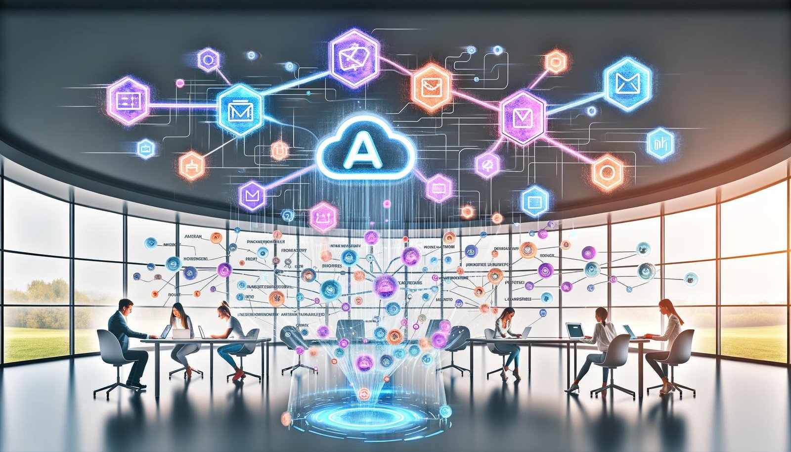 Dynamisches Marketing-Team in einem modernen Büro mit holografischem Bildschirm, diversen AI Prompt Tools und digitalen Whiteboards