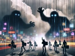 Abstraktes, düsteres Großstadtbild: Anonyme Menschen-Silhouetten zwischen flackerndem Code, Datenströmen, Cloud-Servern und Algorithmus-Monstern, eine Person strebt nach Licht als Zeichen für Datensouveränität.