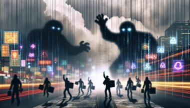 Abstraktes, düsteres Großstadtbild: Anonyme Menschen-Silhouetten zwischen flackerndem Code, Datenströmen, Cloud-Servern und Algorithmus-Monstern, eine Person strebt nach Licht als Zeichen für Datensouveränität.
