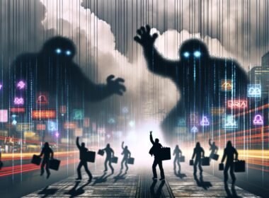 Abstraktes, düsteres Großstadtbild: Anonyme Menschen-Silhouetten zwischen flackerndem Code, Datenströmen, Cloud-Servern und Algorithmus-Monstern, eine Person strebt nach Licht als Zeichen für Datensouveränität.