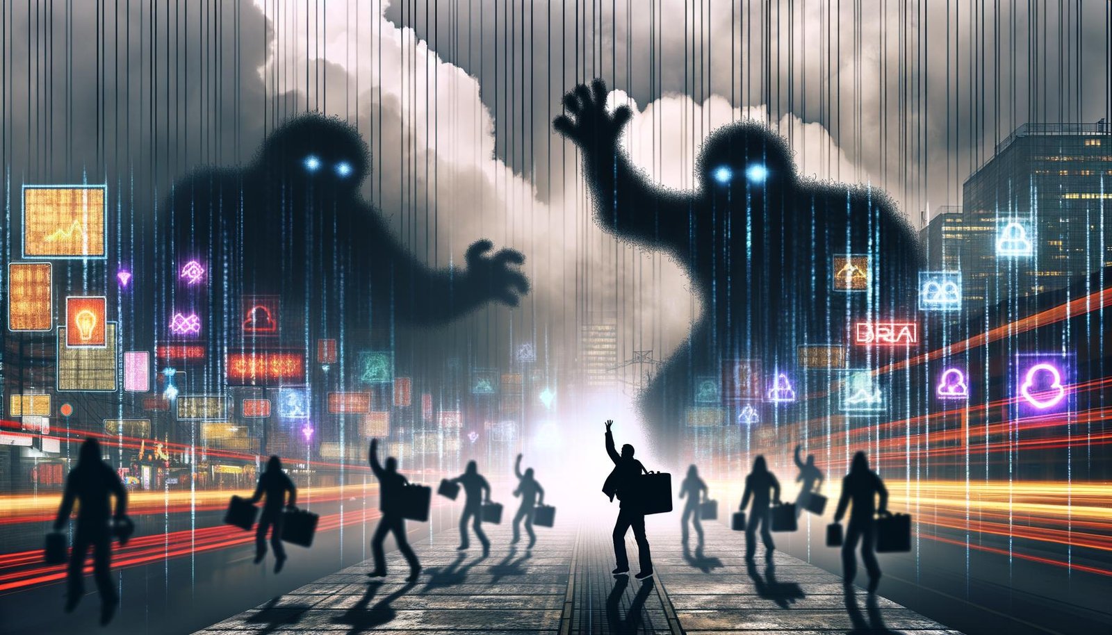Abstraktes, düsteres Großstadtbild: Anonyme Menschen-Silhouetten zwischen flackerndem Code, Datenströmen, Cloud-Servern und Algorithmus-Monstern, eine Person strebt nach Licht als Zeichen für Datensouveränität.