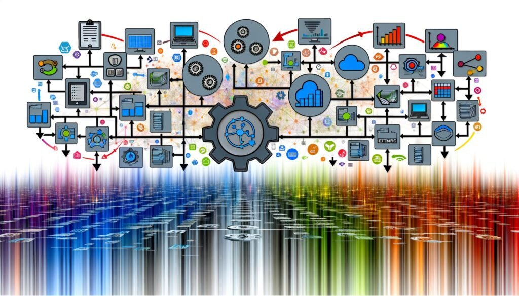 Dynamische Illustration eines automatisierten Datenintegration-Workflows mit vernetzten Systemen, farbigen Datenströmen, Echtzeit-Dashboards, API- und Cloud-Icons sowie Zahnrädern für Effizienz.