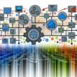 Dynamische Illustration eines automatisierten Datenintegration-Workflows mit vernetzten Systemen, farbigen Datenströmen, Echtzeit-Dashboards, API- und Cloud-Icons sowie Zahnrädern für Effizienz.