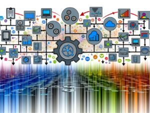 Dynamische Illustration eines automatisierten Datenintegration-Workflows mit vernetzten Systemen, farbigen Datenströmen, Echtzeit-Dashboards, API- und Cloud-Icons sowie Zahnrädern für Effizienz.