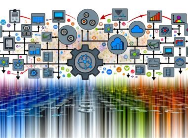 Dynamische Illustration eines automatisierten Datenintegration-Workflows mit vernetzten Systemen, farbigen Datenströmen, Echtzeit-Dashboards, API- und Cloud-Icons sowie Zahnrädern für Effizienz.