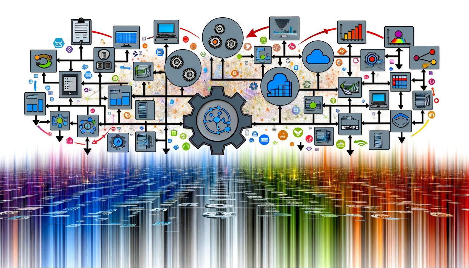 Dynamische Illustration eines automatisierten Datenintegration-Workflows mit vernetzten Systemen, farbigen Datenströmen, Echtzeit-Dashboards, API- und Cloud-Icons sowie Zahnrädern für Effizienz.