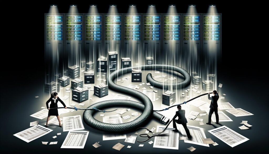 Stilisiertes Titelbild mit Datenkabel wie eine Schlange, Menschen zerschneiden es im chaotischen Büro und führen Daten in einen hellen Raum mit Dashboards