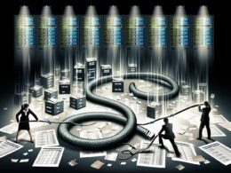 Stilisiertes Titelbild mit Datenkabel wie eine Schlange, Menschen zerschneiden es im chaotischen Büro und führen Daten in einen hellen Raum mit Dashboards