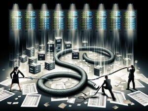 Stilisiertes Titelbild mit Datenkabel wie eine Schlange, Menschen zerschneiden es im chaotischen Büro und führen Daten in einen hellen Raum mit Dashboards