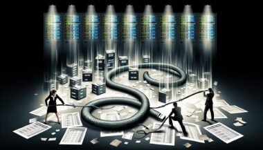 Stilisiertes Titelbild mit Datenkabel wie eine Schlange, Menschen zerschneiden es im chaotischen Büro und führen Daten in einen hellen Raum mit Dashboards