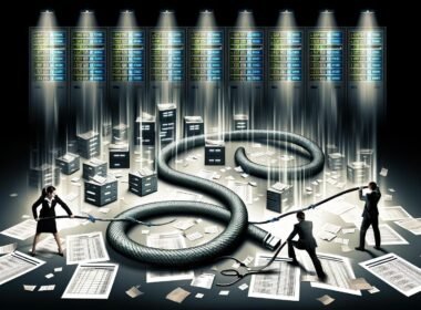 Stilisiertes Titelbild mit Datenkabel wie eine Schlange, Menschen zerschneiden es im chaotischen Büro und führen Daten in einen hellen Raum mit Dashboards