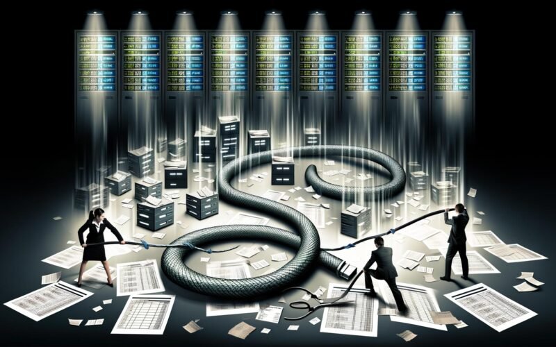 Stilisiertes Titelbild mit Datenkabel wie eine Schlange, Menschen zerschneiden es im chaotischen Büro und führen Daten in einen hellen Raum mit Dashboards