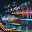 Podcast-Produzentin in Hightech-Studio mit Soundwellen, AR Audio Layern, aktuellen Smartphones und durchscheinendem Audio-Hologramm neben klassischen Mikrofonen und modernen Kopfhörern.