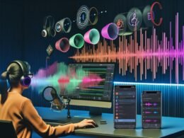 Podcast-Produzentin in Hightech-Studio mit Soundwellen, AR Audio Layern, aktuellen Smartphones und durchscheinendem Audio-Hologramm neben klassischen Mikrofonen und modernen Kopfhörern.