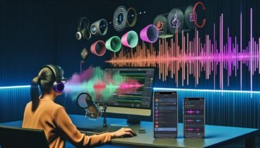 Podcast-Produzentin in Hightech-Studio mit Soundwellen, AR Audio Layern, aktuellen Smartphones und durchscheinendem Audio-Hologramm neben klassischen Mikrofonen und modernen Kopfhörern.