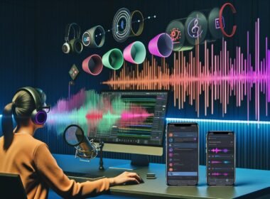 Podcast-Produzentin in Hightech-Studio mit Soundwellen, AR Audio Layern, aktuellen Smartphones und durchscheinendem Audio-Hologramm neben klassischen Mikrofonen und modernen Kopfhörern.