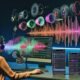 Podcast-Produzentin in Hightech-Studio mit Soundwellen, AR Audio Layern, aktuellen Smartphones und durchscheinendem Audio-Hologramm neben klassischen Mikrofonen und modernen Kopfhörern.