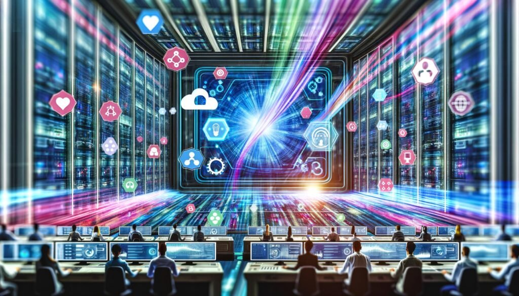 Futuristischer Kontrollraum mit riesigem Daten-Interface, Dashboards, KI-Algorithmen und Menschen aus Marketing, IT und Data Science an Kontrollpulten, umgeben von vernetzten Datenquellen und leuchtenden Datenströmen.