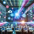 Futuristischer Kontrollraum mit riesigem Daten-Interface, Dashboards, KI-Algorithmen und Menschen aus Marketing, IT und Data Science an Kontrollpulten, umgeben von vernetzten Datenquellen und leuchtenden Datenströmen.