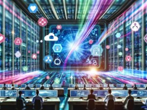 Futuristischer Kontrollraum mit riesigem Daten-Interface, Dashboards, KI-Algorithmen und Menschen aus Marketing, IT und Data Science an Kontrollpulten, umgeben von vernetzten Datenquellen und leuchtenden Datenströmen.