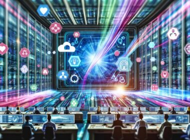 Futuristischer Kontrollraum mit riesigem Daten-Interface, Dashboards, KI-Algorithmen und Menschen aus Marketing, IT und Data Science an Kontrollpulten, umgeben von vernetzten Datenquellen und leuchtenden Datenströmen.