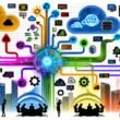 Abstrakte, moderne Visualisierung eines zentralen Data Warehouse, in das vielfältige Datenquellen wie Datenbanken, Cloud-Dienste und APIs einfließen, daneben Szenen zu technischen Herausforderungen, Best Practices und typischen Tools im Datenintegrationsprozess.