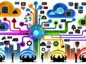Abstrakte, moderne Visualisierung eines zentralen Data Warehouse, in das vielfältige Datenquellen wie Datenbanken, Cloud-Dienste und APIs einfließen, daneben Szenen zu technischen Herausforderungen, Best Practices und typischen Tools im Datenintegrationsprozess.