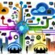 Abstrakte, moderne Visualisierung eines zentralen Data Warehouse, in das vielfältige Datenquellen wie Datenbanken, Cloud-Dienste und APIs einfließen, daneben Szenen zu technischen Herausforderungen, Best Practices und typischen Tools im Datenintegrationsprozess.