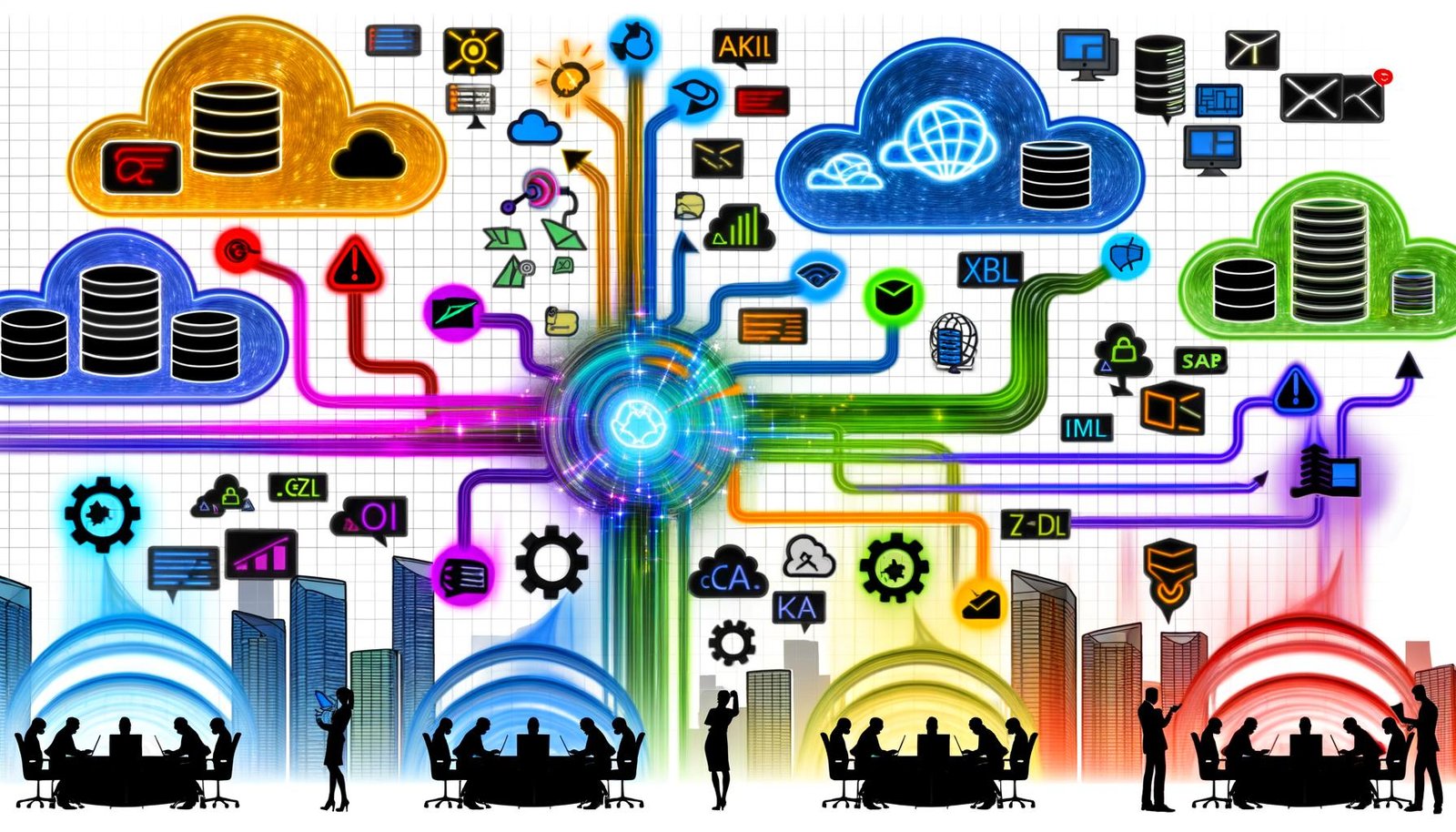 Abstrakte, moderne Visualisierung eines zentralen Data Warehouse, in das vielfältige Datenquellen wie Datenbanken, Cloud-Dienste und APIs einfließen, daneben Szenen zu technischen Herausforderungen, Best Practices und typischen Tools im Datenintegrationsprozess.