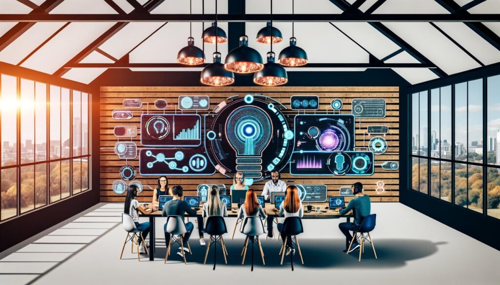 Marketing-Team nimmt im modernen Loft-Büro einen Podcast auf, mit Laptops, Mikrofonen, Bildschirmen voller KI- und Audio-Workflow-Grafiken, kreativer Atmosphäre und Hightech-Ausrüstung.