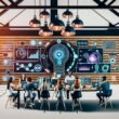 Marketing-Team nimmt im modernen Loft-Büro einen Podcast auf, mit Laptops, Mikrofonen, Bildschirmen voller KI- und Audio-Workflow-Grafiken, kreativer Atmosphäre und Hightech-Ausrüstung.