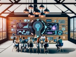 Marketing-Team nimmt im modernen Loft-Büro einen Podcast auf, mit Laptops, Mikrofonen, Bildschirmen voller KI- und Audio-Workflow-Grafiken, kreativer Atmosphäre und Hightech-Ausrüstung.