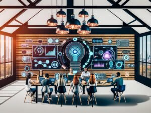 Marketing-Team nimmt im modernen Loft-Büro einen Podcast auf, mit Laptops, Mikrofonen, Bildschirmen voller KI- und Audio-Workflow-Grafiken, kreativer Atmosphäre und Hightech-Ausrüstung.