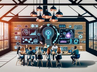 Marketing-Team nimmt im modernen Loft-Büro einen Podcast auf, mit Laptops, Mikrofonen, Bildschirmen voller KI- und Audio-Workflow-Grafiken, kreativer Atmosphäre und Hightech-Ausrüstung.