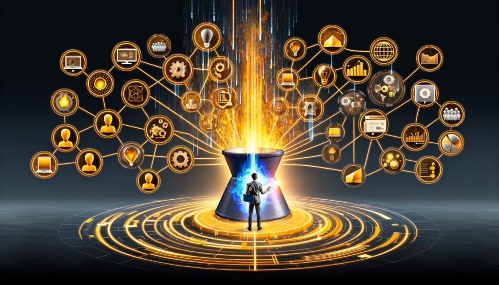 Illustration eines riesigen Hochofens, der goldene Datenströme in smarte Marketing-Symbole verwandelt, umgeben von verbundenen Datenquellen. Im Vordergrund ein Marketer mit Tablet und Datenbrille, hilflose traditionelle Marketer im Hintergrund.