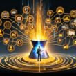 Illustration eines riesigen Hochofens, der goldene Datenströme in smarte Marketing-Symbole verwandelt, umgeben von verbundenen Datenquellen. Im Vordergrund ein Marketer mit Tablet und Datenbrille, hilflose traditionelle Marketer im Hintergrund.