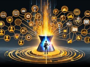 Illustration eines riesigen Hochofens, der goldene Datenströme in smarte Marketing-Symbole verwandelt, umgeben von verbundenen Datenquellen. Im Vordergrund ein Marketer mit Tablet und Datenbrille, hilflose traditionelle Marketer im Hintergrund.