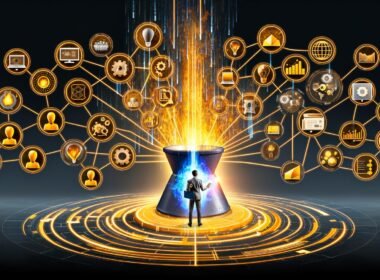 Illustration eines riesigen Hochofens, der goldene Datenströme in smarte Marketing-Symbole verwandelt, umgeben von verbundenen Datenquellen. Im Vordergrund ein Marketer mit Tablet und Datenbrille, hilflose traditionelle Marketer im Hintergrund.