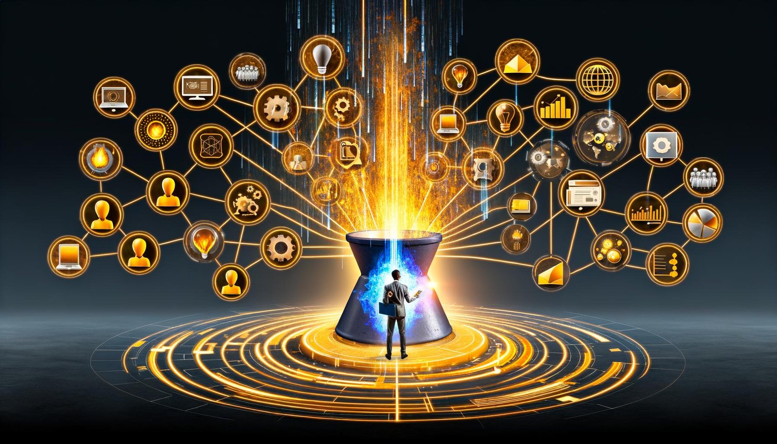 Illustration eines riesigen Hochofens, der goldene Datenströme in smarte Marketing-Symbole verwandelt, umgeben von verbundenen Datenquellen. Im Vordergrund ein Marketer mit Tablet und Datenbrille, hilflose traditionelle Marketer im Hintergrund.