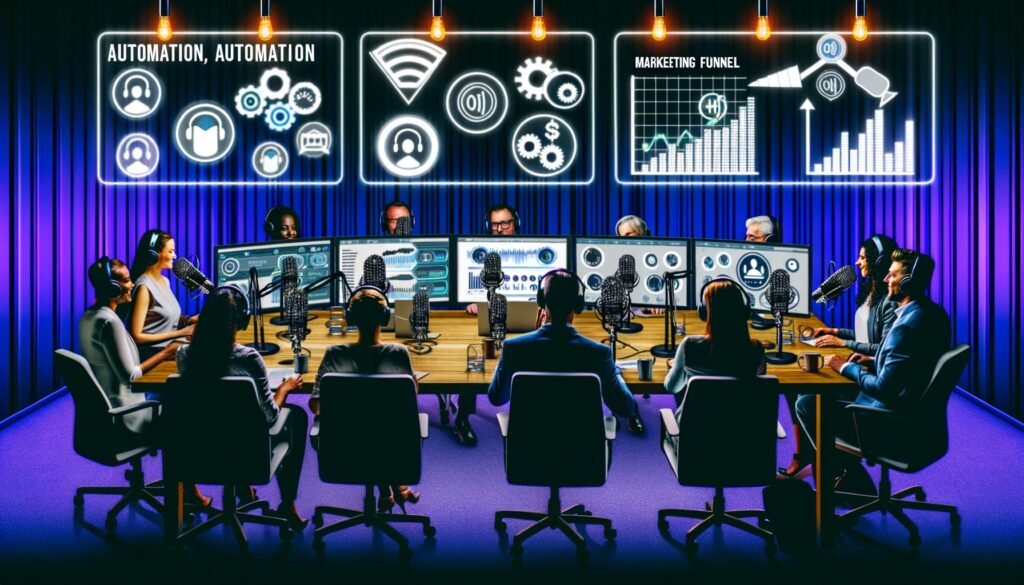 Ein modernes Podcast-Studio mit mehreren Mikrofonen, Neonlichtern, Computerbildschirmen mit Analysedaten und einer diversen Gruppe von Fachleuten bei strategischer Diskussion.