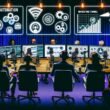 Ein modernes Podcast-Studio mit mehreren Mikrofonen, Neonlichtern, Computerbildschirmen mit Analysedaten und einer diversen Gruppe von Fachleuten bei strategischer Diskussion.