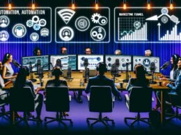 Ein modernes Podcast-Studio mit mehreren Mikrofonen, Neonlichtern, Computerbildschirmen mit Analysedaten und einer diversen Gruppe von Fachleuten bei strategischer Diskussion.