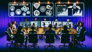 Ein modernes Podcast-Studio mit mehreren Mikrofonen, Neonlichtern, Computerbildschirmen mit Analysedaten und einer diversen Gruppe von Fachleuten bei strategischer Diskussion.