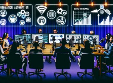 Ein modernes Podcast-Studio mit mehreren Mikrofonen, Neonlichtern, Computerbildschirmen mit Analysedaten und einer diversen Gruppe von Fachleuten bei strategischer Diskussion.