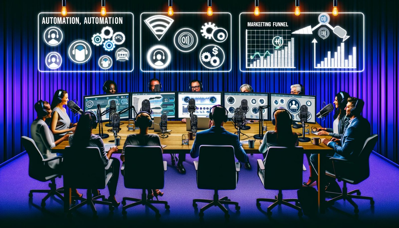 Ein modernes Podcast-Studio mit mehreren Mikrofonen, Neonlichtern, Computerbildschirmen mit Analysedaten und einer diversen Gruppe von Fachleuten bei strategischer Diskussion.