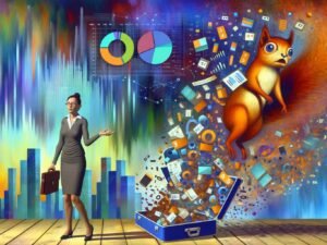 Geschäftsperson vor Haufen digitaler Daten-Icons, futuristische Stadt im Hintergrund, Eichhörnchen mit goldenen Nüssen am Rand