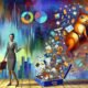 Geschäftsperson vor Haufen digitaler Daten-Icons, futuristische Stadt im Hintergrund, Eichhörnchen mit goldenen Nüssen am Rand