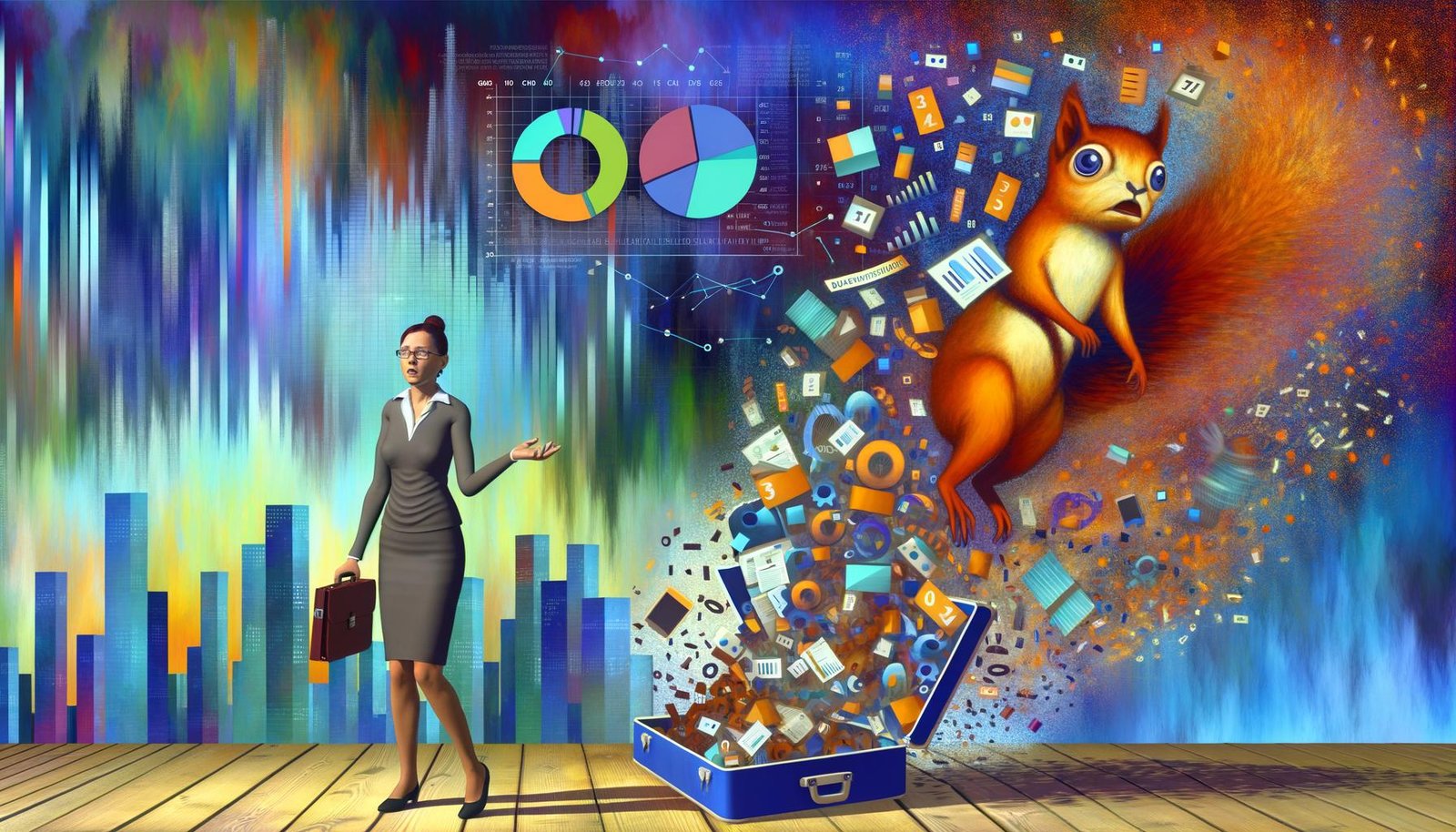 Geschäftsperson vor Haufen digitaler Daten-Icons, futuristische Stadt im Hintergrund, Eichhörnchen mit goldenen Nüssen am Rand